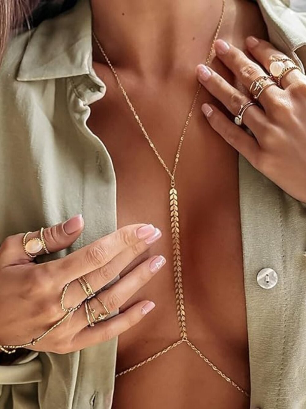 Body Chain 14K Gold Plated for Women, Sexy Layered Belly Waist Chain Crossover